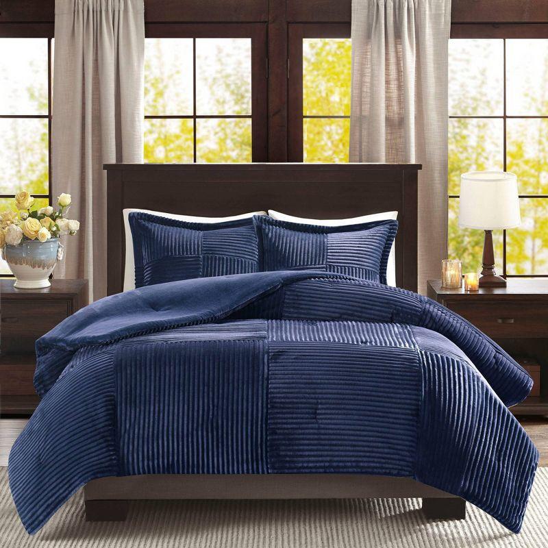 Navy King Corduroy Plush Comforter Set with Shams