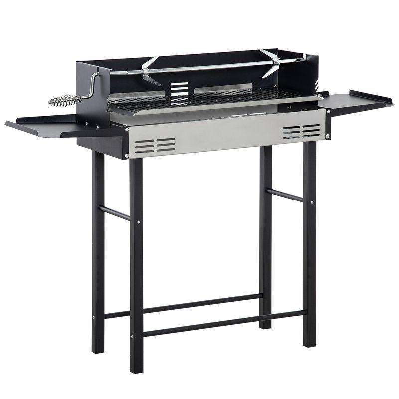Outsunny BBQ Rotisserie Grill Roaster for Chicken or Turkey with 3-Level Grill Grate, Foldable Storage Shelves, and Wind Deflector, Stainless Steel