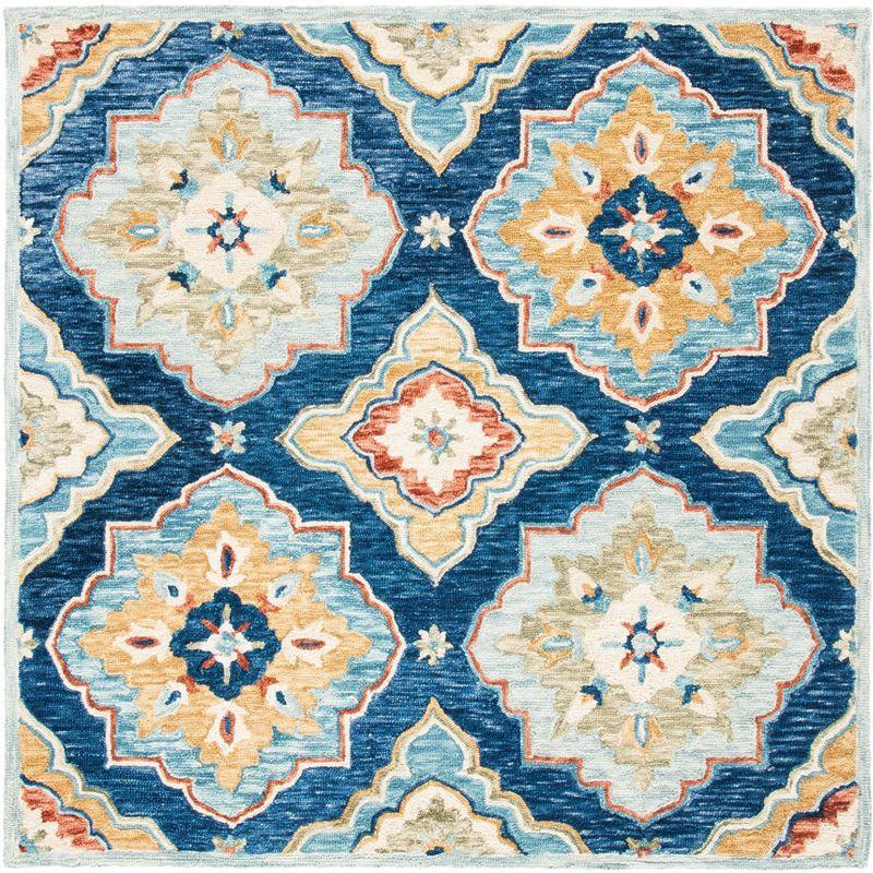 Handcrafted Medallion Motif Square Wool Rug in Blue - 6'