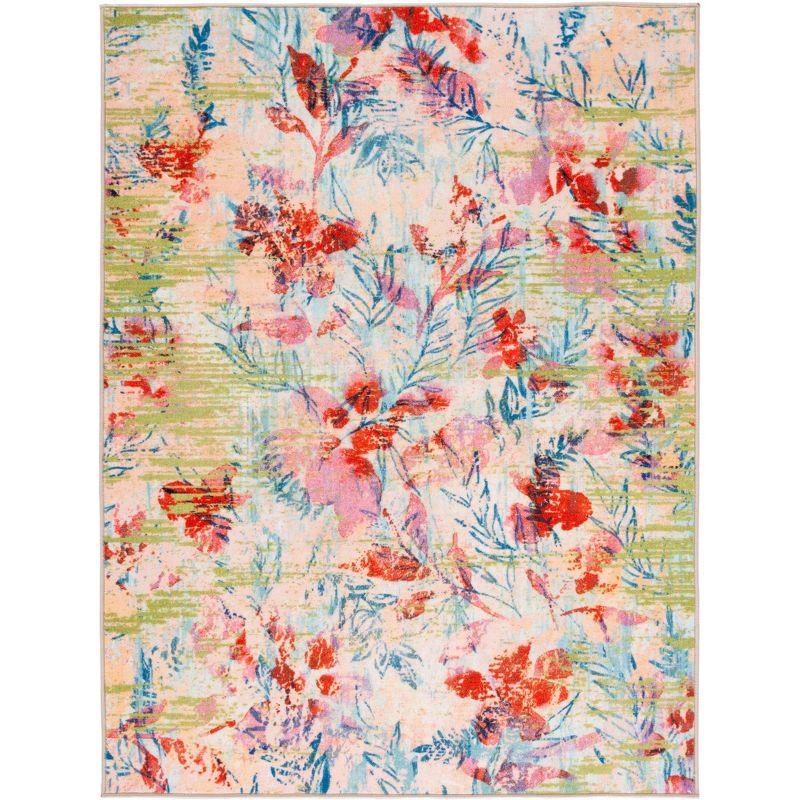 Blue and Pink Abstract Floral Machine Washable Area Rug