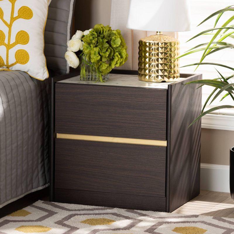 Walker Wood Nightstand: Faux Marble Top, Gold Accents, 2 Drawers - Baxton Studio