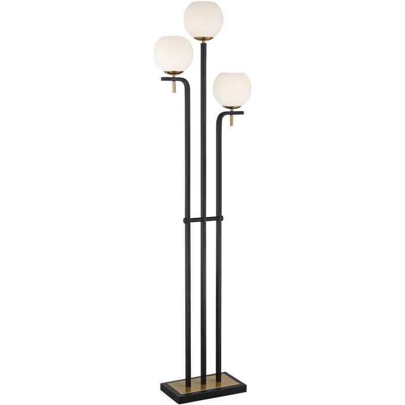 Acadia 71" Black & Warm Gold Metal Floor Lamp with Frosted White Glass Shades