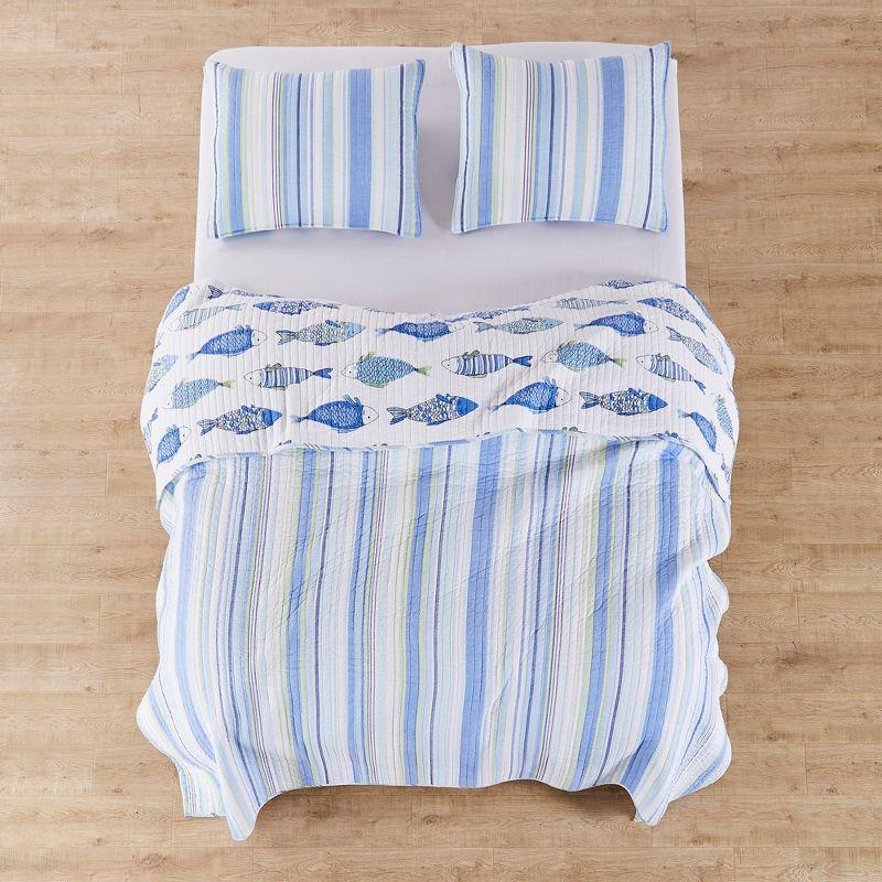 Catalina Coastal Twin Quilt Set with Reversible Fish Print in Blue and Green