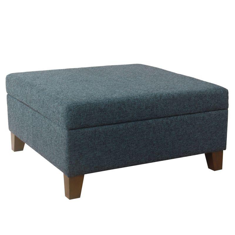 Navy Textured Fabric Square Storage Ottoman with Walnut Legs