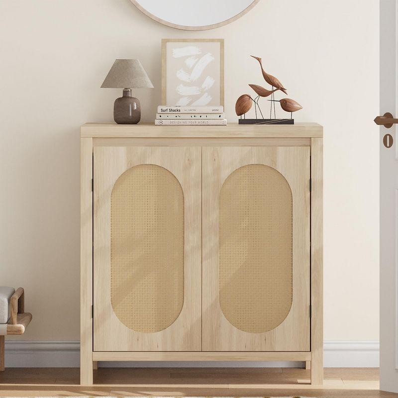 Rattan Storage Cabinet, Wooden Sideboard Buffet Cabinet with Doors and Shelves, Small Console Cabinet with Storage