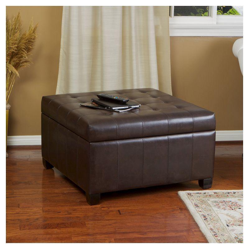 Elegant Round Brown Bonded Leather Tufted Storage Ottoman