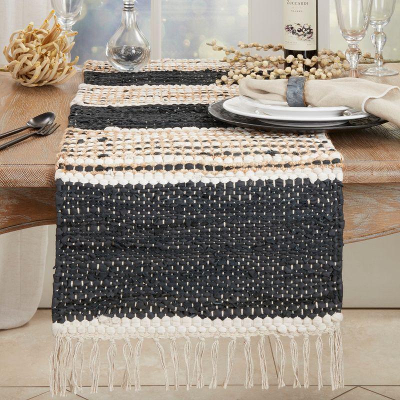 Saro Lifestyle Boho Leather Chindi Fringed Table Runner, Black, 16"x72"