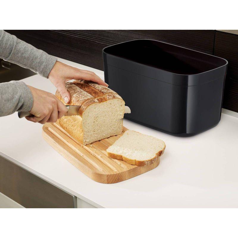 Black Rectangular Bread Bin with Bamboo Cutting Board Lid