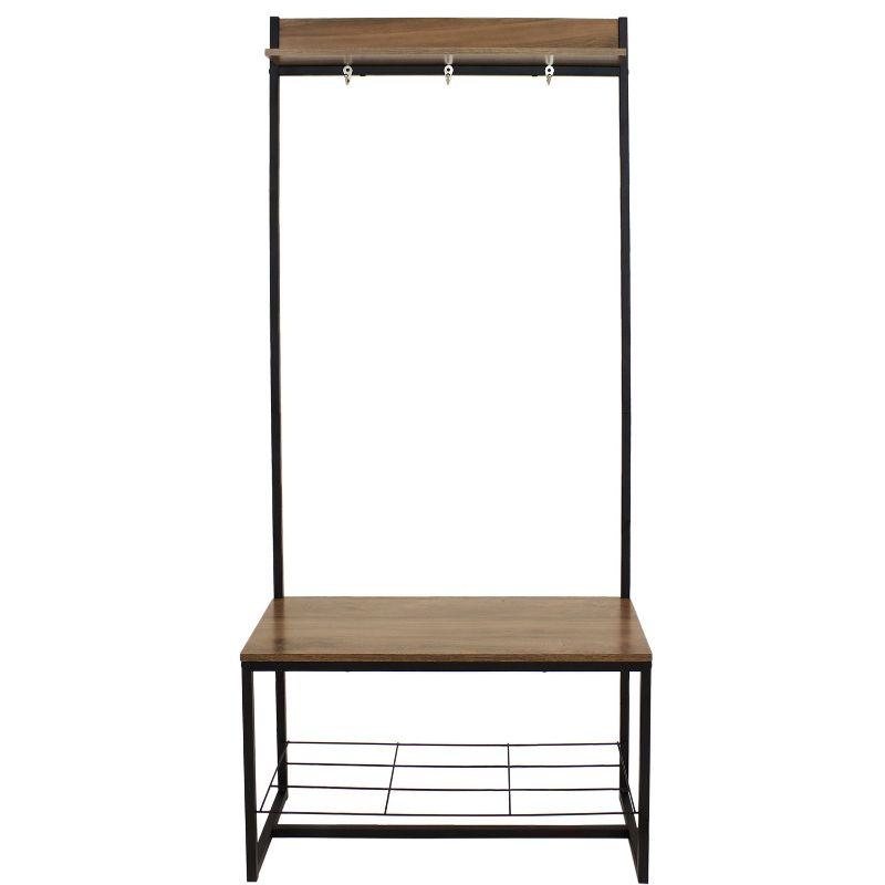 Sunnydaze Indoor Industrial-Style Hall Tree Bench with Coat/Shoe Rack - MDP Shelves with Powder-Coated Steel Frame - Brown - 67 in