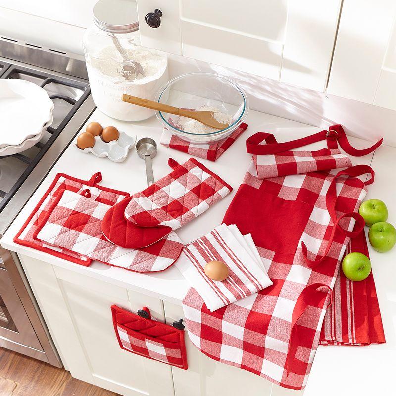 Farmhouse Living Stripe and Check Kitchen Towels, Set of 3 - 17" x 28" - Red/White - Elrene Home Fashions