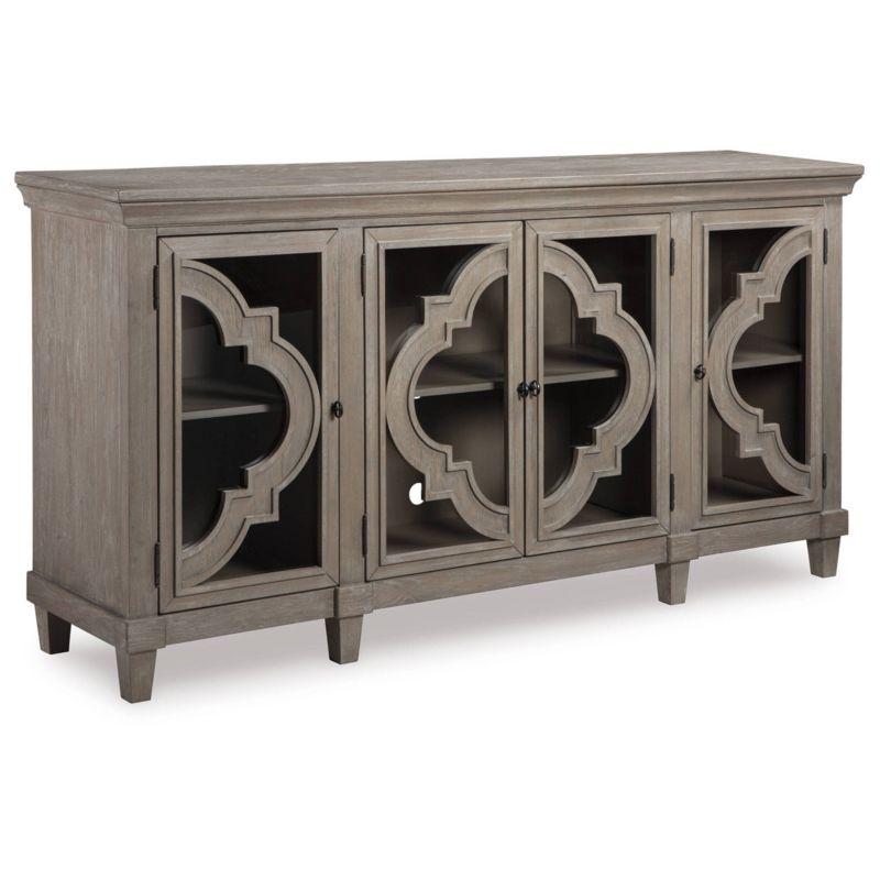 Transitional Quatrefoil 76" Gray 4-Door Accent Cabinet