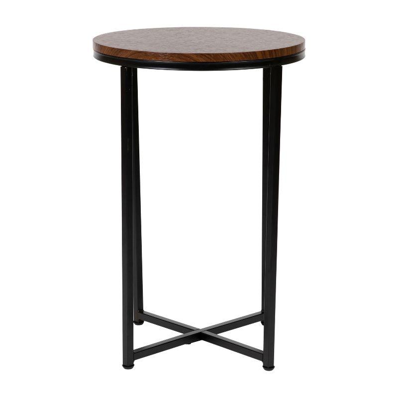 Round Walnut and Matte Black Wood Metal End Table