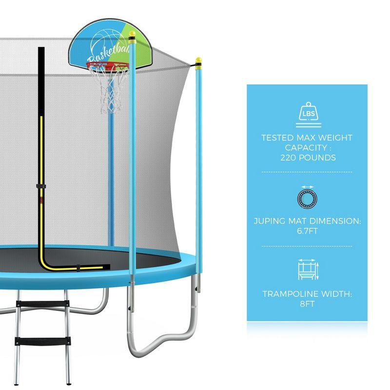 8 FT Trampoline for Kids with Safety Enclosure Net, Basketball Hoop and Ladder, Blue - ModernLuxe