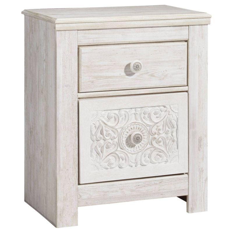 Paxberry Two Drawer Nightstand White Wash - Signature Design by Ashley: Traditional Style, USB Port, Storage Function