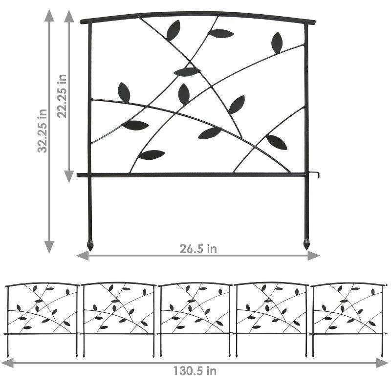 Sunnydaze Outdoor Lawn and Garden Metal Modern Leaves and Vines Decorative Border Fence Panel Set - 10' - Black - 5pk