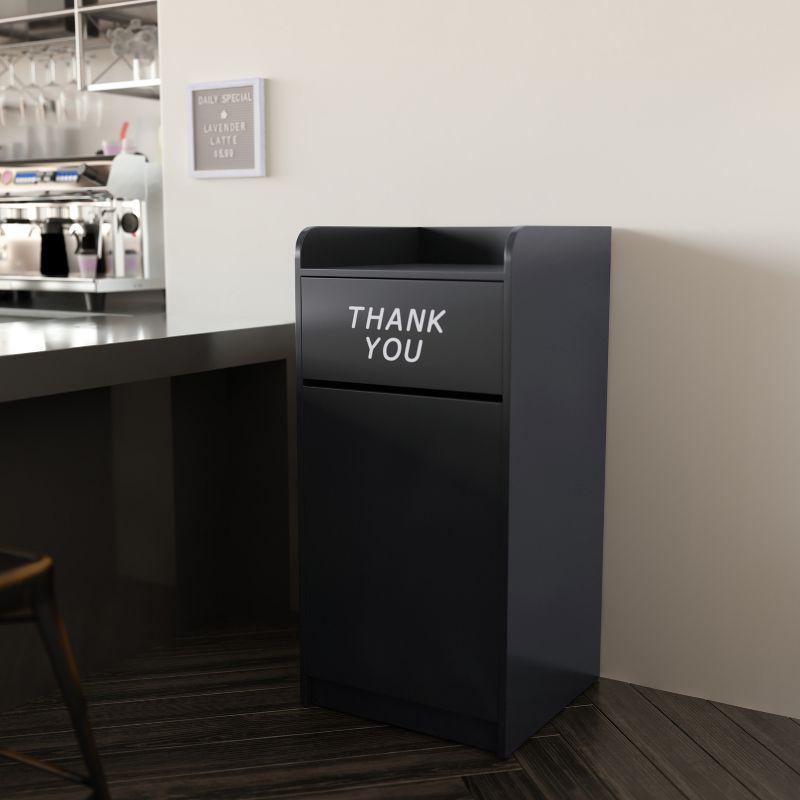 Black Wood Tray Top Trash Receptacle with Thank You Text