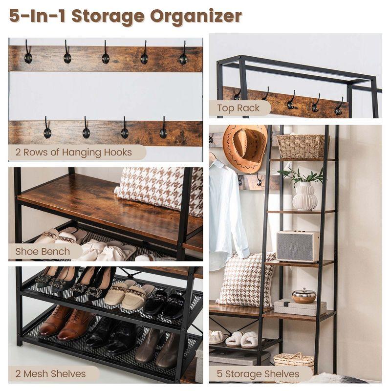 Costway 1 PC 5-In-1 Entryway Coat Rack Storage Shoe Bench Freestanding Wooden Hall Tree