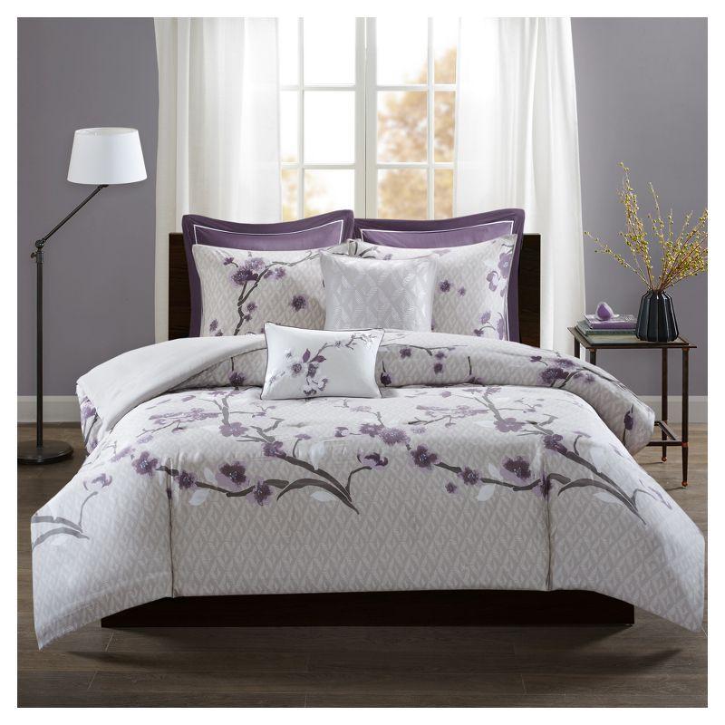 Sakura 7 Piece Purple and Taupe Cotton Bedspread Cover Set