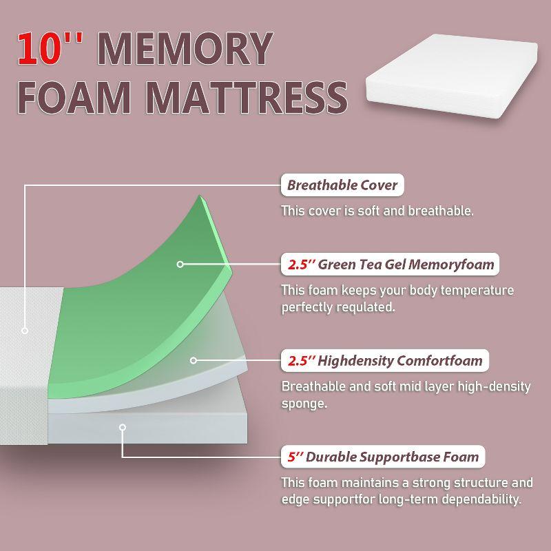 FDW 10 Inch Green Tea Memory Foam Mattress Cooling Gel Infused Mattress,Medium Firm Mattresses Fiberglass Free/CertiPUR-US