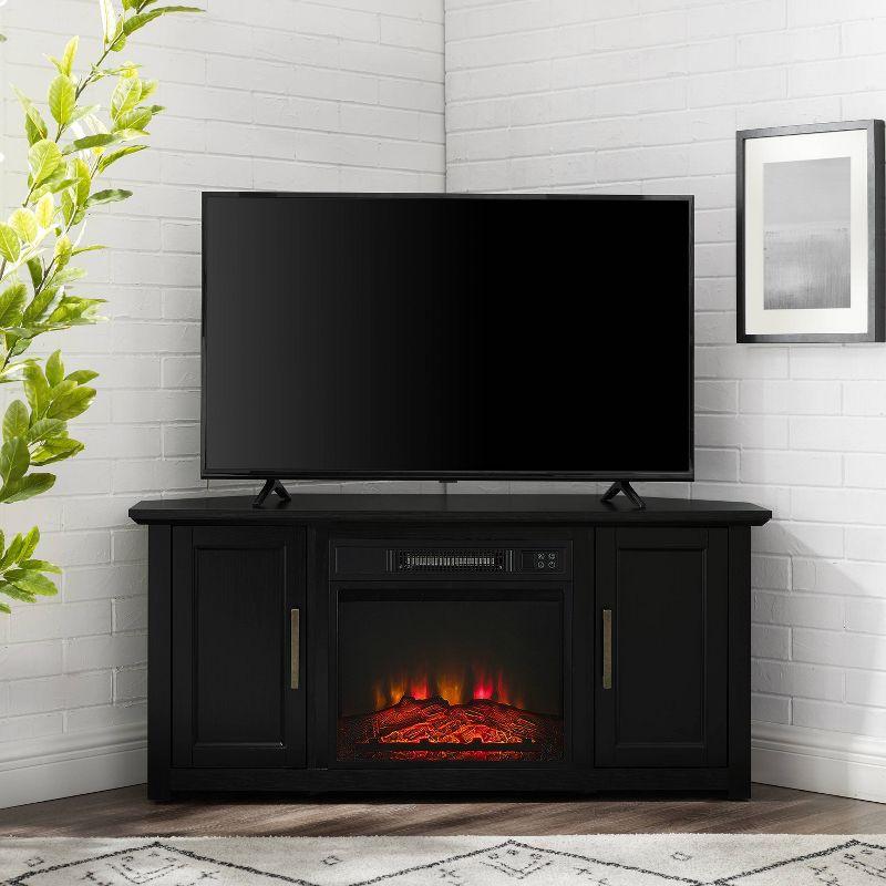 Crosley Camden Corner TV Stand for TVs up to 50" with Fireplace Black : Mid-Century Modern, Adjustable Shelves, Cable Management