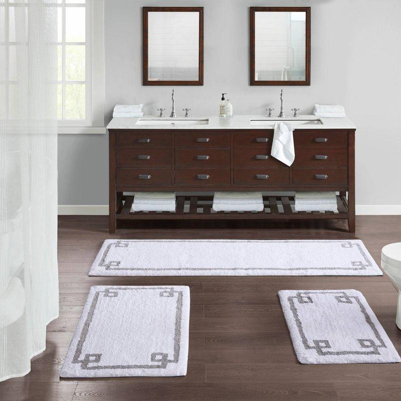 White Cotton Tufted Bath Rug with Gray Border