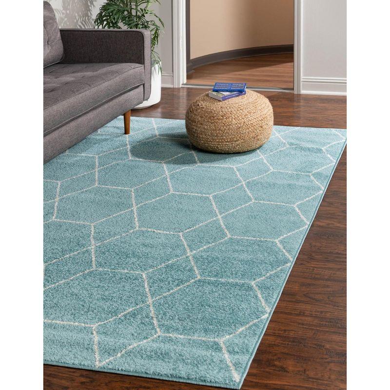 Light Blue Ivory Trellis Synthetic Rectangular Easy-Care Rug