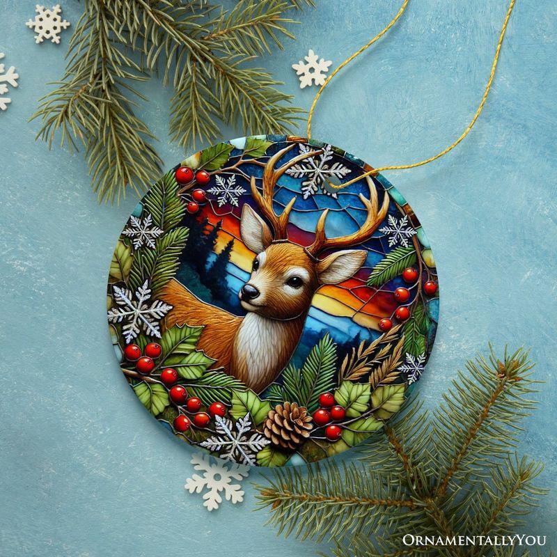 Majestic Winter Deer in Holly Branches Ornament, Enchanting Holiday Wonderland for Christmas Tree Decor, Version 1