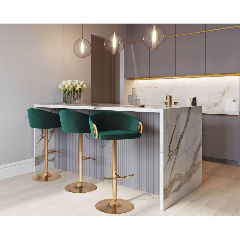 Set of 2 Claire Adjustable Barstools Gold/Green - LumiSource: Chic Velvet, Metal Base, Swivel, Footrest