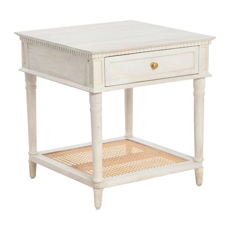 White Wood and Cane End Table with Storage