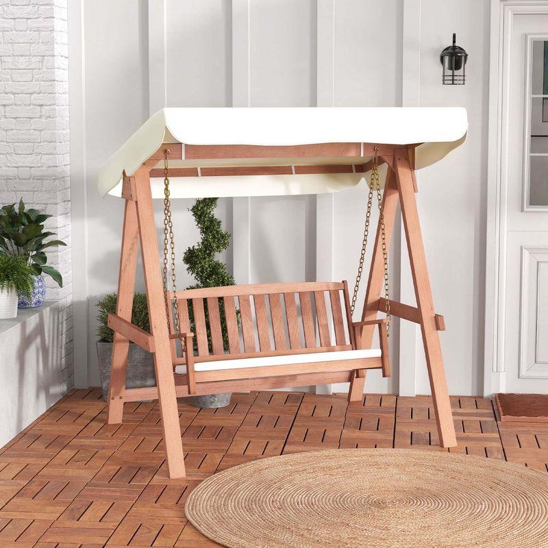 Costway Wood Porch Swing with Canopy Outdoor Patio 2-Seat Swing Bench with Cushions Backyard