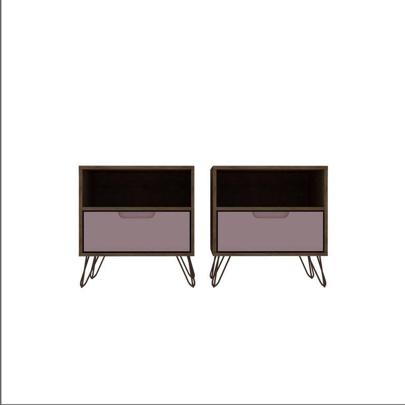 Set of 2 Rockefeller 1 Drawer Nightstands Nature/Rose Pink - Manhattan Comfort: Mid-century Design, Metal Legs, MDF