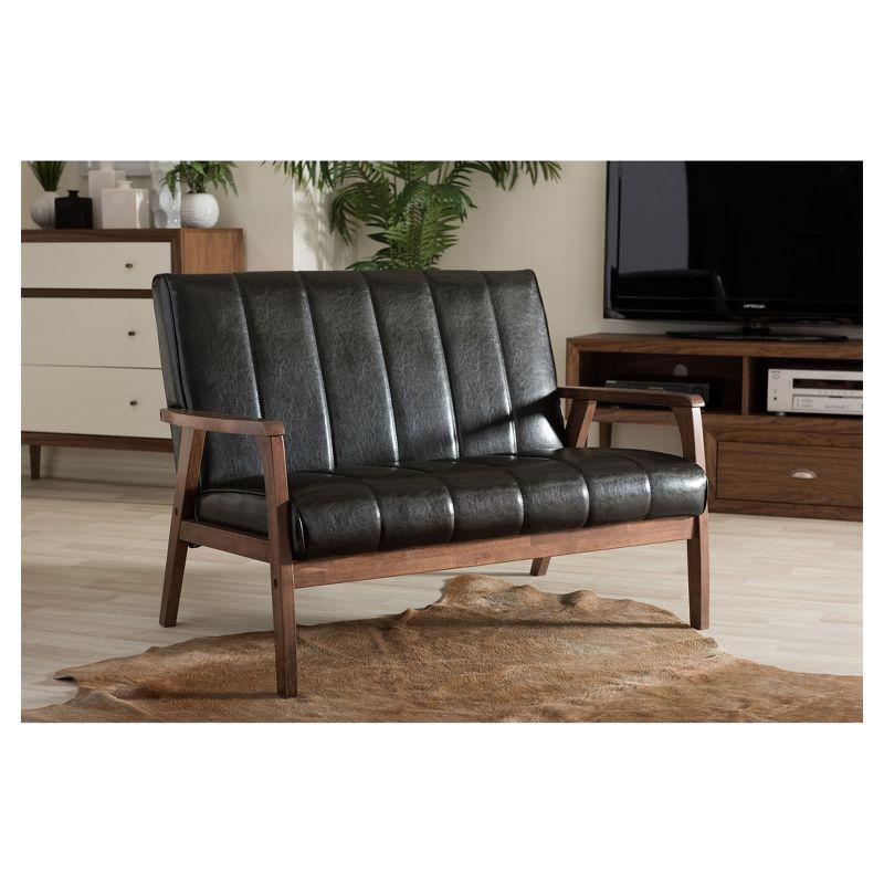 Nikko Mid-Century Modern Scandinavian Style Faux Leather Wooden 2 Seater Loveseat Black - Baxton Studio: Rubberwood Frame