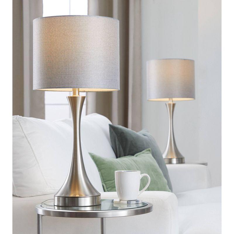 LumiSource: Lenuxe 25" Brushed Nickel Table Lamps with USB, Gray Linen Drum Shade (Set of 2)