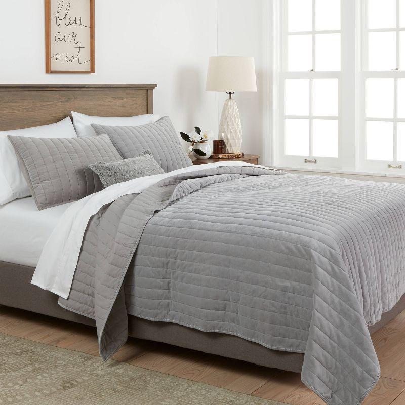 King Channel Stitch Velvet Quilt Gray - Threshold™: Cotton Backing, Year Round Comfort, Machine Washable