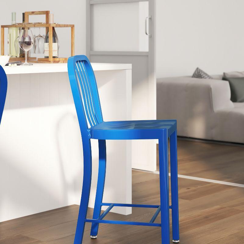 Merrick Lane Santorini 24 Inch Blue Galvanized Steel Indoor/Outdoor Counter Bar Stool With Slatted Back And Powder Coated Finish