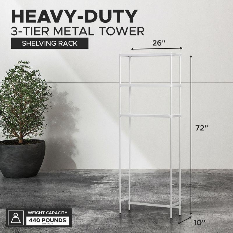 Design Ideas MeshWorks 3 Tier Full Size Metal Tower Bathroom Storage Shelving Unit Rack for Over the Toilet Organization, 26" x 9.8" x 70.3", White