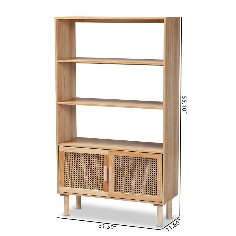 55.1" Faulkner Natural Wood Rattan 2 Door Bookcase Brown - Baxton Studio: Mid-Century Design, 3 Shelves