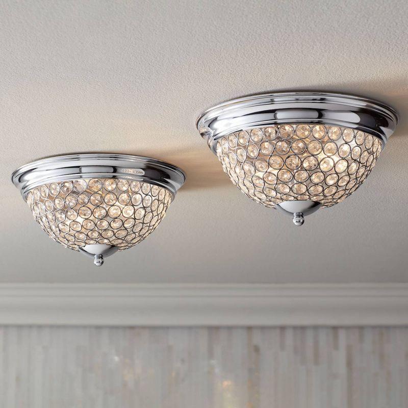 Possini Euro Design Faith Modern Ceiling Light Flush Mount Fixtures 11" Wide Set of 2 Chrome 2-Light Crystal for Bedroom Kitchen Living Room Hallway