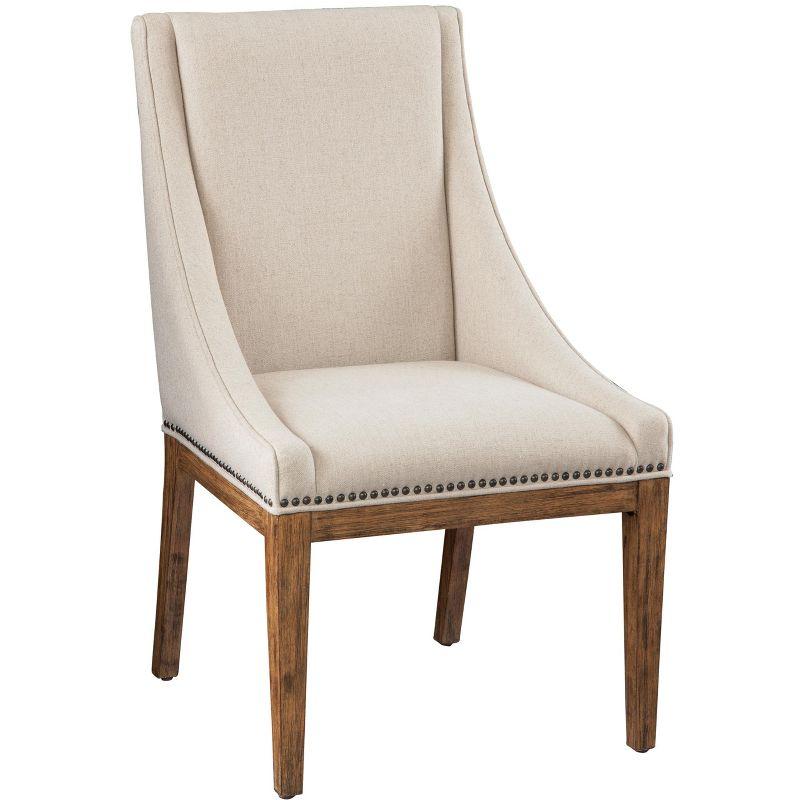 Cream Linen Upholstered Accent Chair with Brown Wood Frame