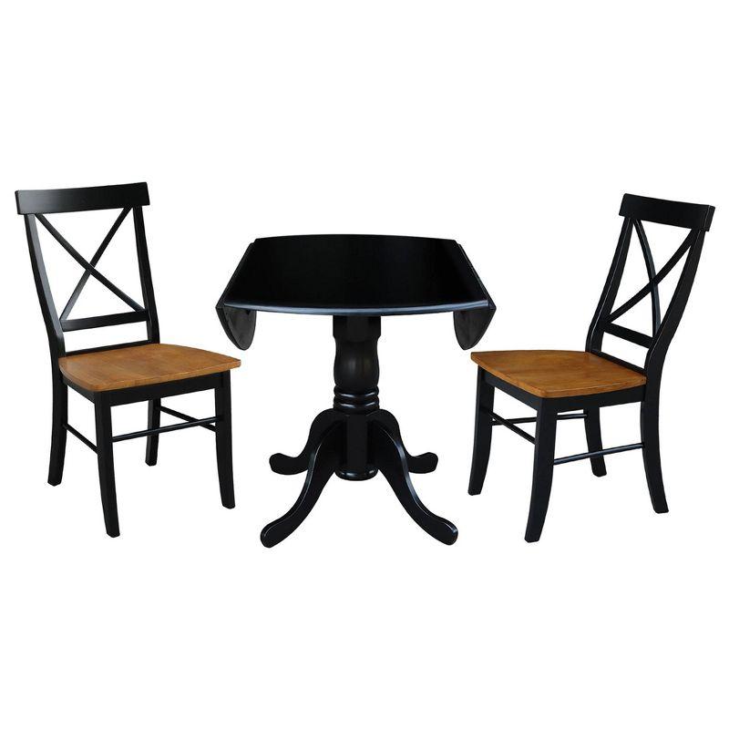 3pc Dining Set with a Dual Drop Leaf Dining Table and 2 Cross Back Dining Chairs Black/Cherry - International Concepts: Compact, Space-Saving Design