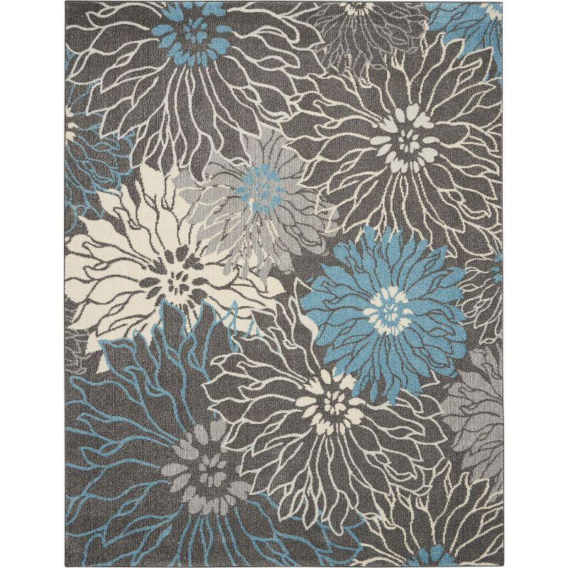 Charcoal and Blue Floral Synthetic Rectangular Area Rug