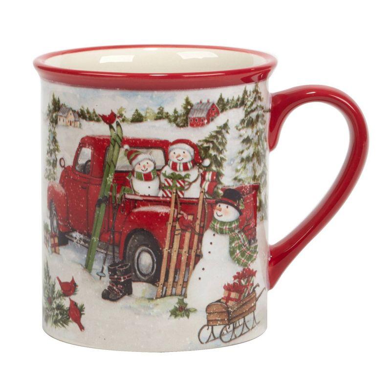 Set of 4 Red Truck Snowman 16oz Drinkware Mugs - Certified International