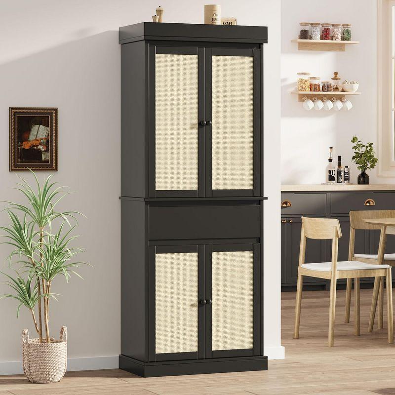 Tall Kitchen Pantry Cabinet 69" Storage Cabinet with Rattan Doors, Drawer and Adjustable Shelves, Cupboard for Bathroom Dining Room, Black
