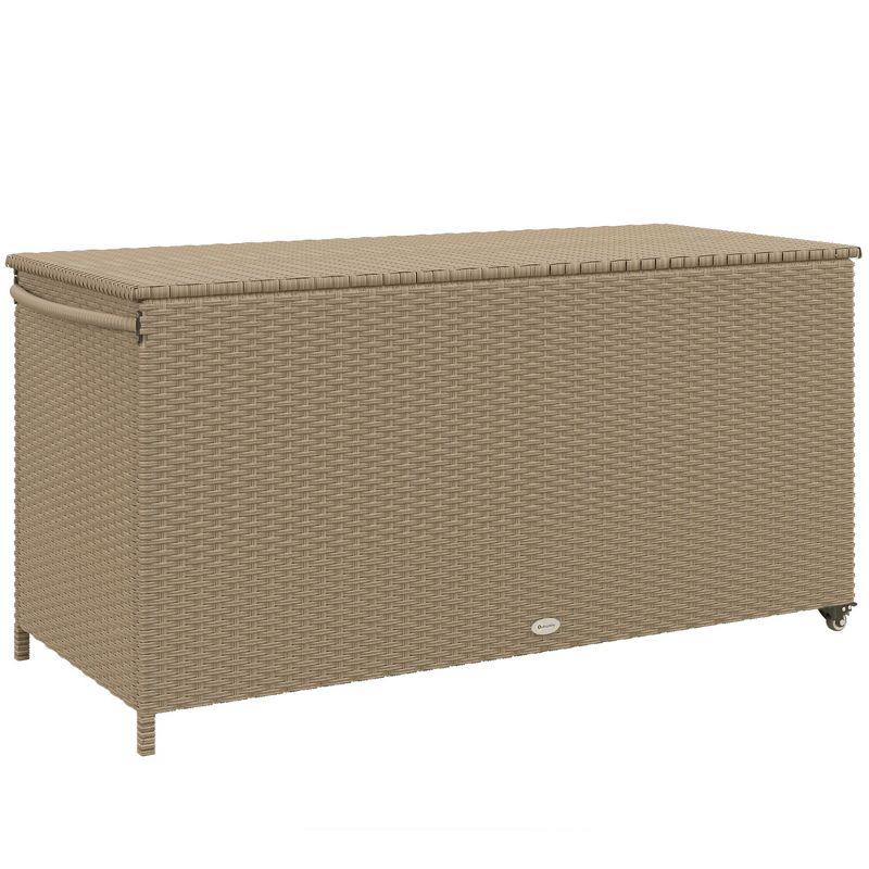 Tryimagine Outsunny 83 Gallon Deck Box, Large Outdoor Storage Chest, PE Wicker Trunk For Outside On Wheels For Garden Tools, Pool Toys & Patio Furniture Cushions