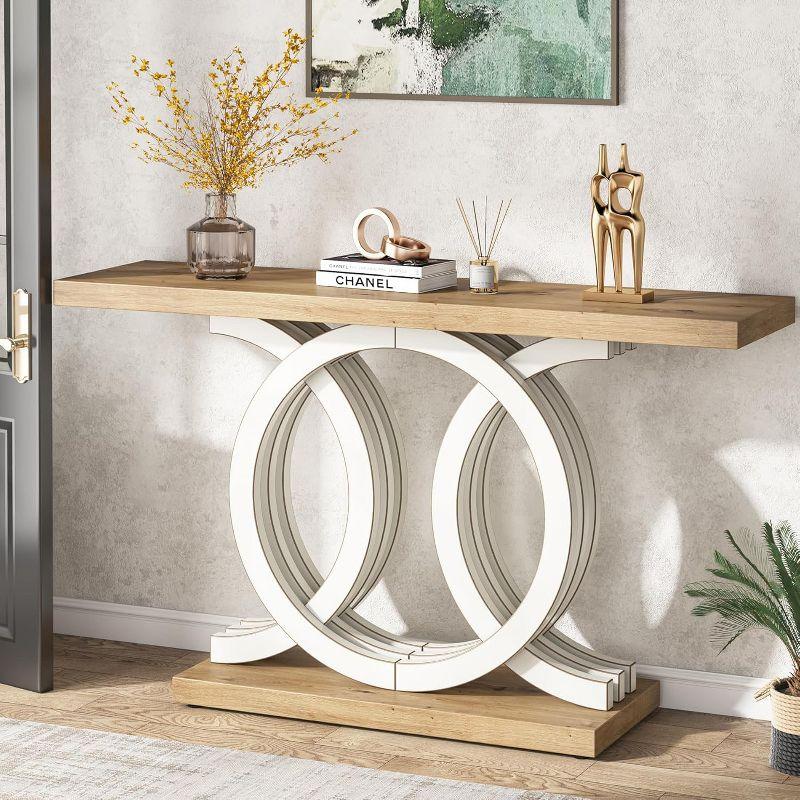 White and Natural Wood 55" Console Table with Geometric Base