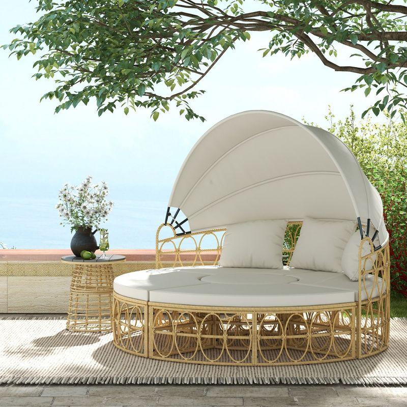 Outsunny 4 Piece Round Outdoor Daybed with Canopy, Cushioned PE Rattan Patio Furniture Set, Cream White