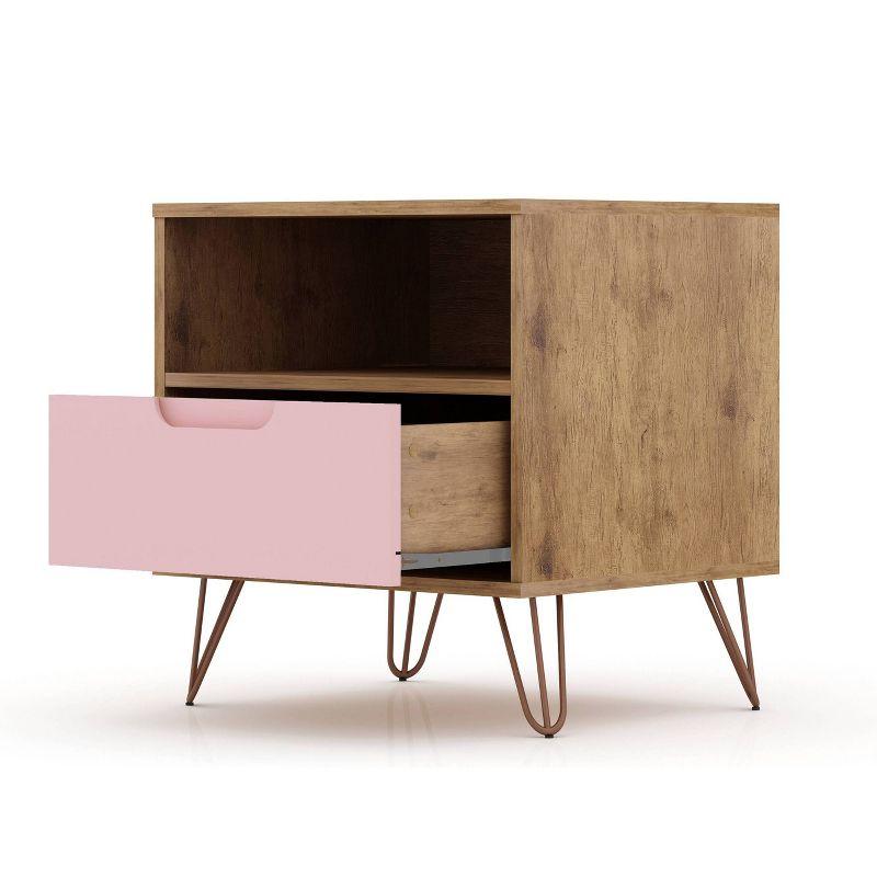 Set of 2 Rockefeller 1 Drawer Nightstands Nature/Rose Pink - Manhattan Comfort: Mid-century Design, Metal Legs, MDF