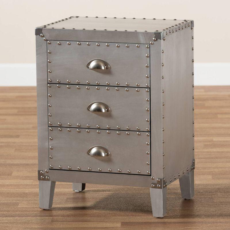 Claude Metal 3 Drawer Nightstand Silver - Baxton Studio: Vintage-Inspired, Rivet Detail, Fully Assembled