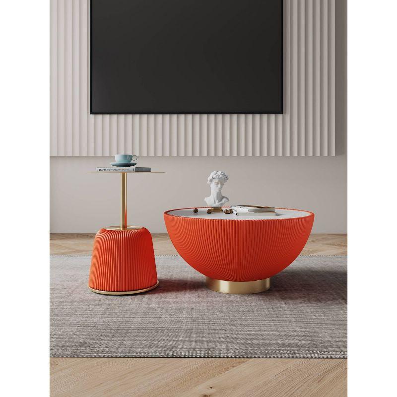 Manhattan Comfort 2pc Anderson Leatherette Upholstered Coffee Table and End Table with Metal Top Set Orange: Stainless Steel & Faux Marble