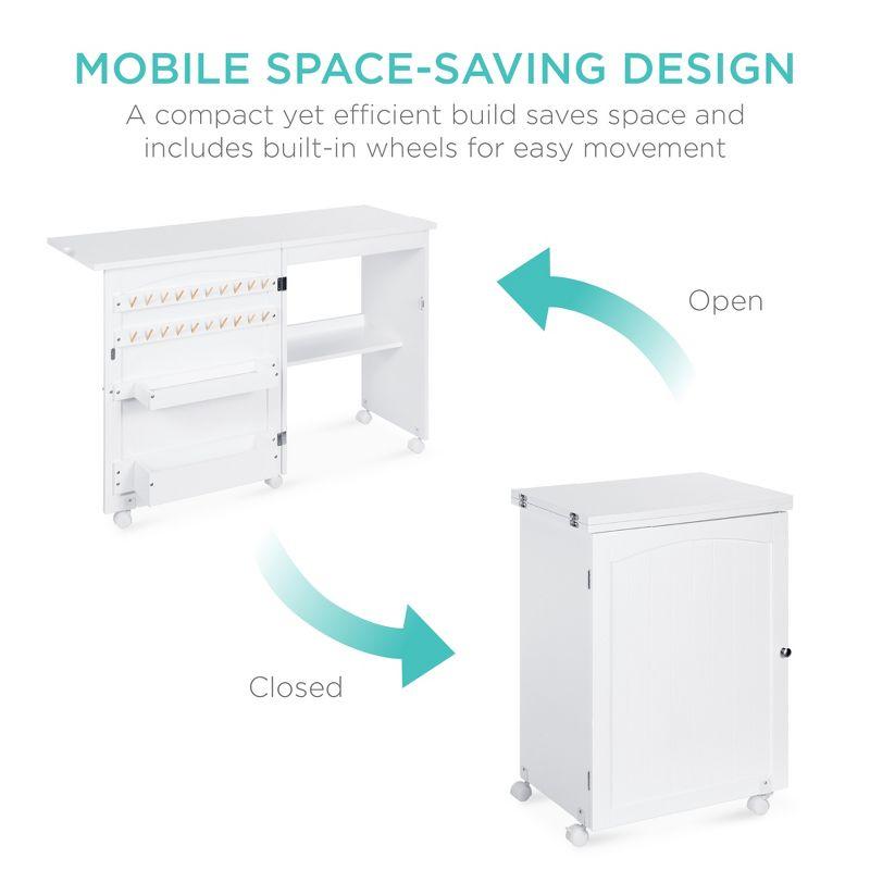 Compact White Sewing & Craft Table with Storage and Wheels